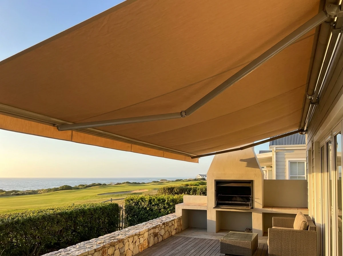 Retractable folding-arm awning in driftwood-tan fabric extended over a braai deck at an Eastcliff, Hermanus home, golf fairway beyond