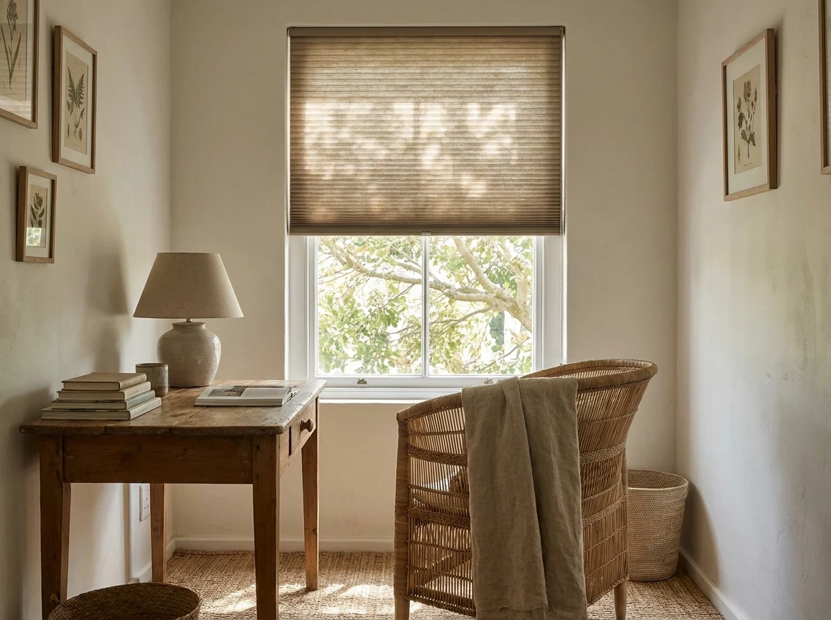 Pleated driftwood-tan cellular honeycomb blind lowered over a study window in a tree-lined Eastcliff, Hermanus home