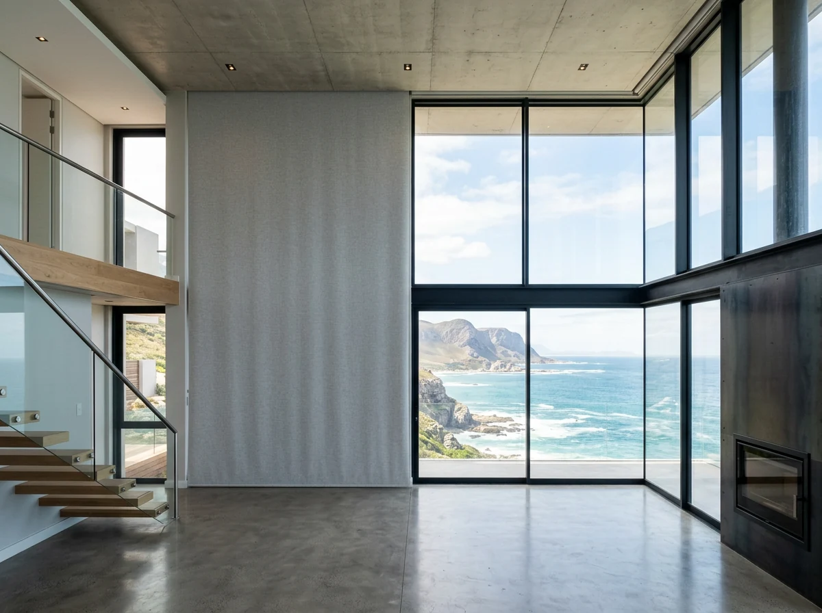 Roller blind dropping from a slim concealed ceiling recess in a double-volume Voëlklip, Hermanus cliff-top great room