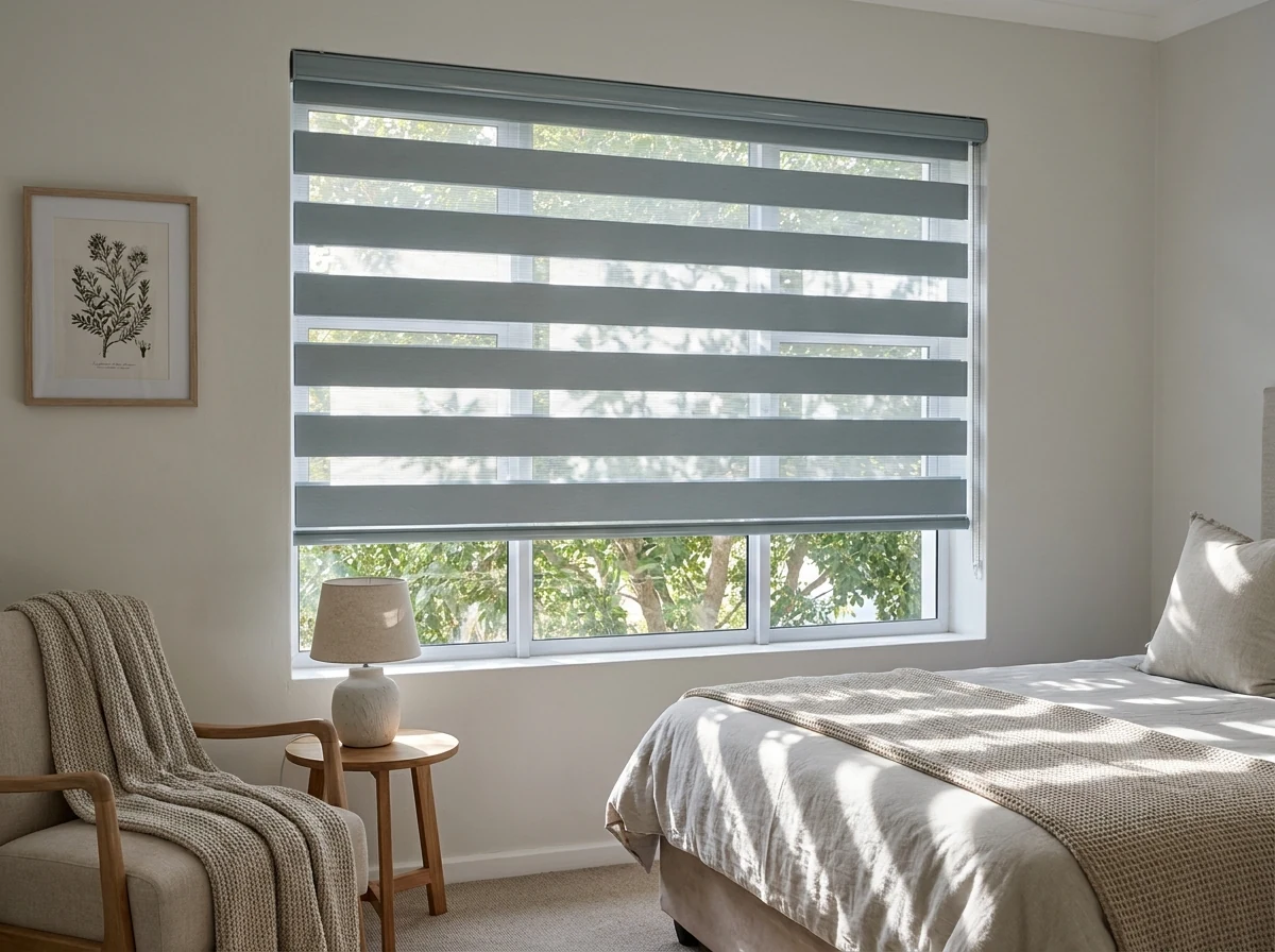 Day and night double roller blind with alternating sea-spray-grey sheer and solid bands in an Eastcliff, Hermanus bedroom