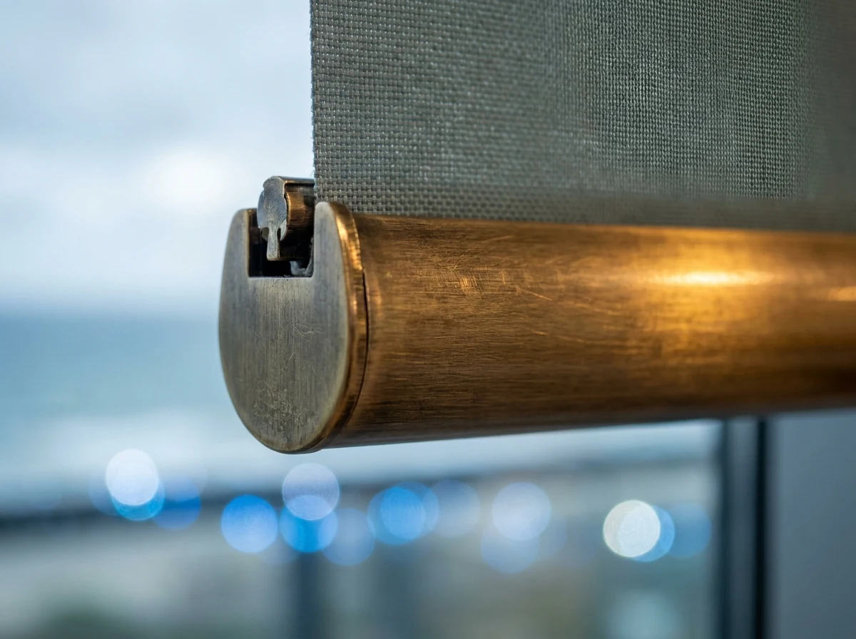 Close-up of sea-spray roller blind fabric weave and old-harbour-brass bracket hardware, Hermanus