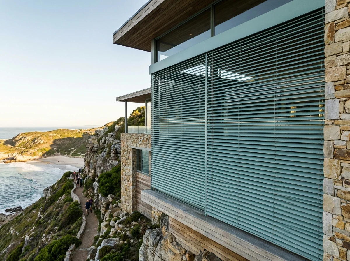 External aluminium venetian blinds on a cliff-top home facade in Voëlklip, Hermanus, with the beach, rocks and cliff path visible below