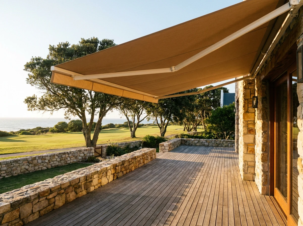 Driftwood-tan folding-arm awning extended over a deck at a tree-lined Eastcliff, Hermanus home, golf course fairway and mature trees beyond