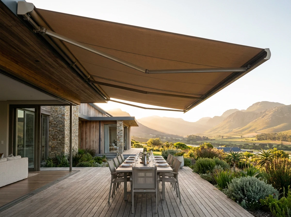 Driftwood-tan folding-arm awning fully extended over an entertaining deck at a new-build home in Sandbaai, Hermanus, valley view beyond
