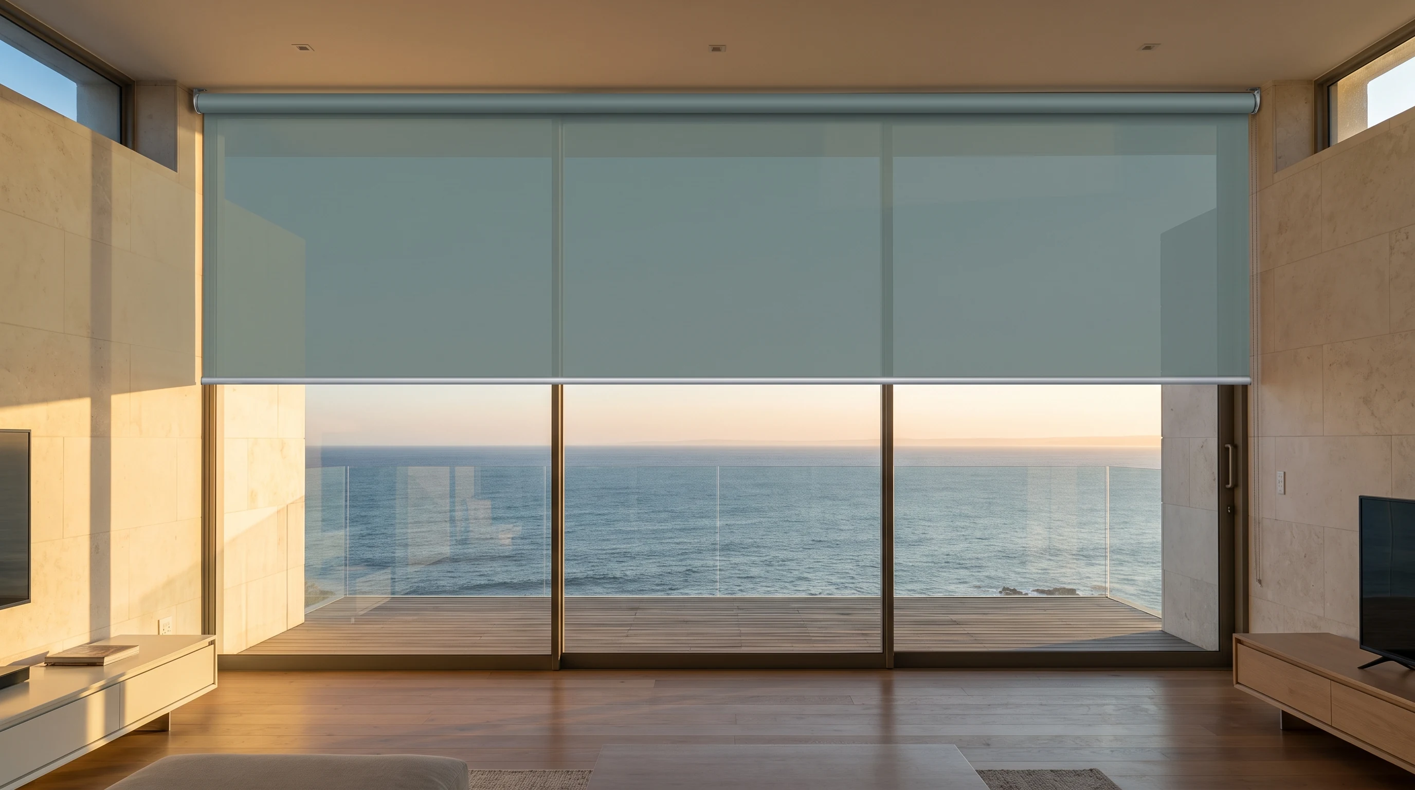 Sunscreen roller blind in a muted sea-spray grey-teal tone lowered halfway across a glass wall in a cliff-top Voëlklip, Hermanus lounge, with Walker Bay and the horizon beyond