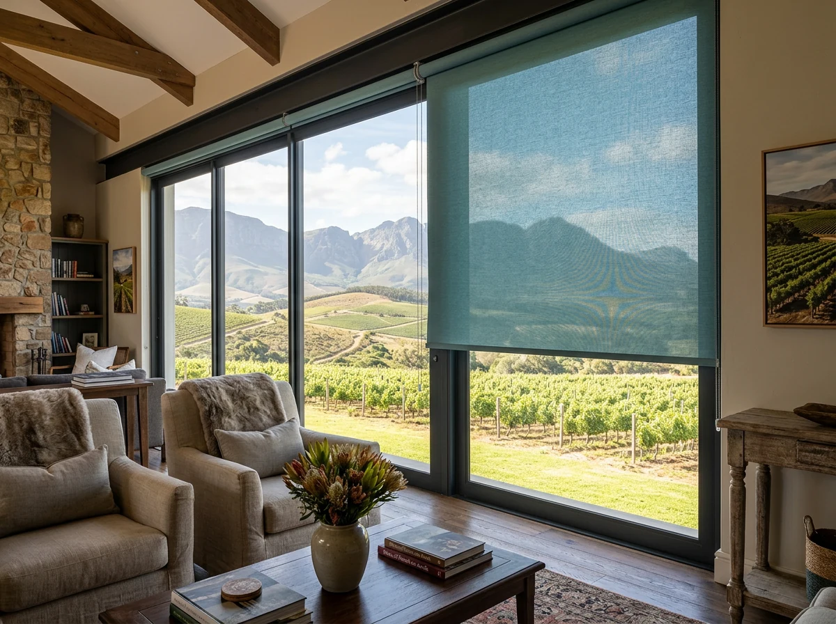 Motorised sea-spray-teal roller blind mid-operation across a wide glass wall in a Hemel-en-Aarde Ridge estate lounge near Hermanus
