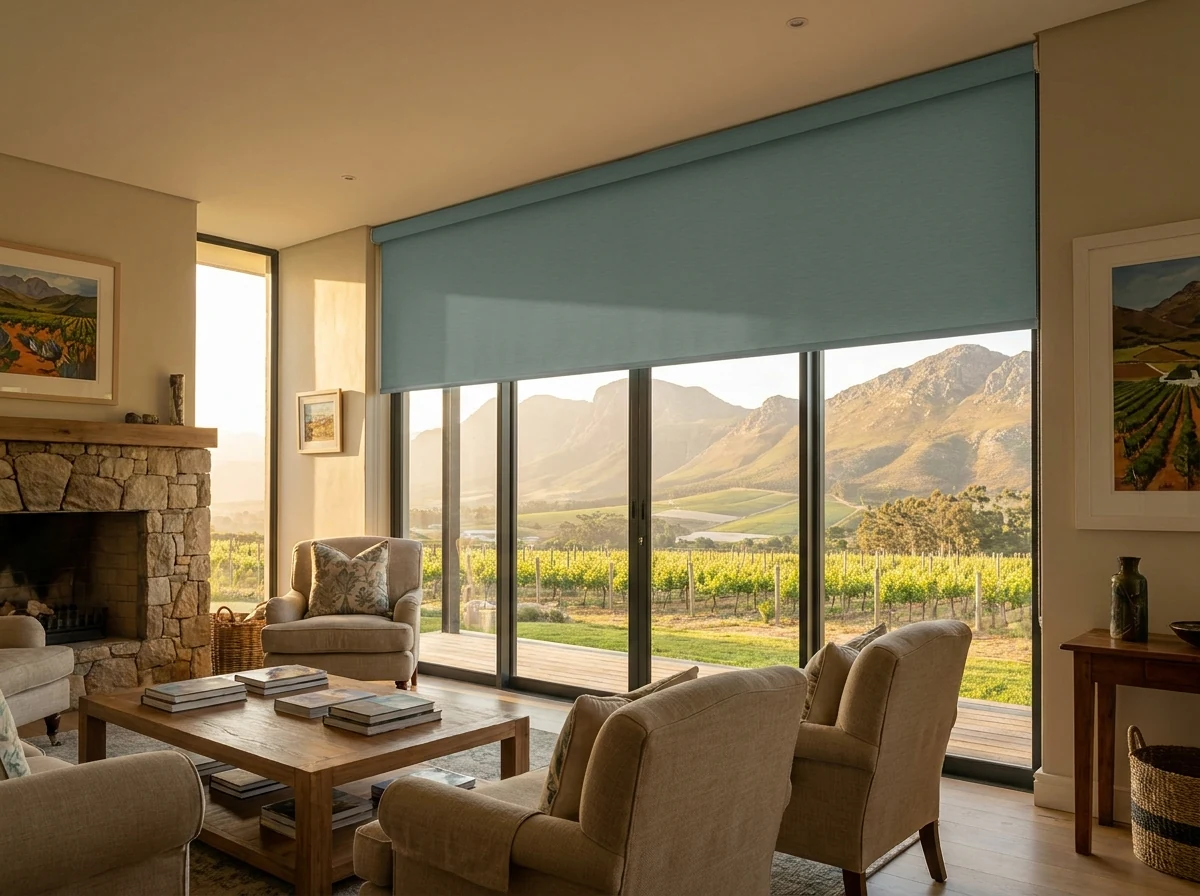 Motorised sea-spray-grey-teal roller blind lowered halfway across a wide glass wall in an estate lounge on Hemel-en-Aarde Ridge near Hermanus, vineyard rows and mountains visible