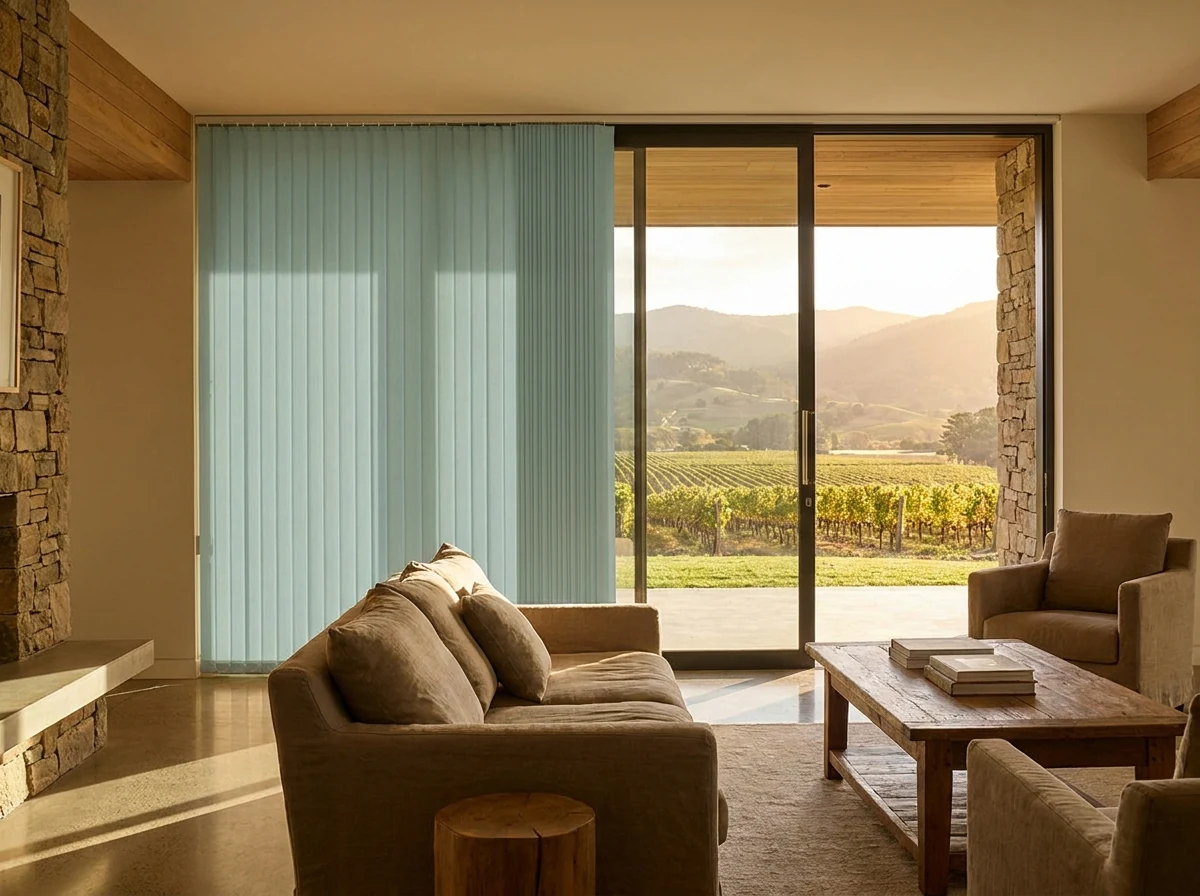 Sea-spray vertical panel blinds drawn partially open across a wide sliding door in a Hemel-en-Aarde Ridge estate home near Hermanus, vineyard beyond