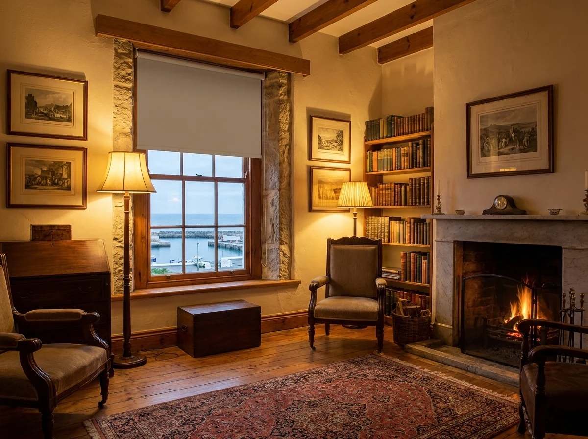 Bone-grey blockout roller blind raised partway into its headbox above a sash window in an Old Harbour, Hermanus cottage, harbour lights visible at dusk