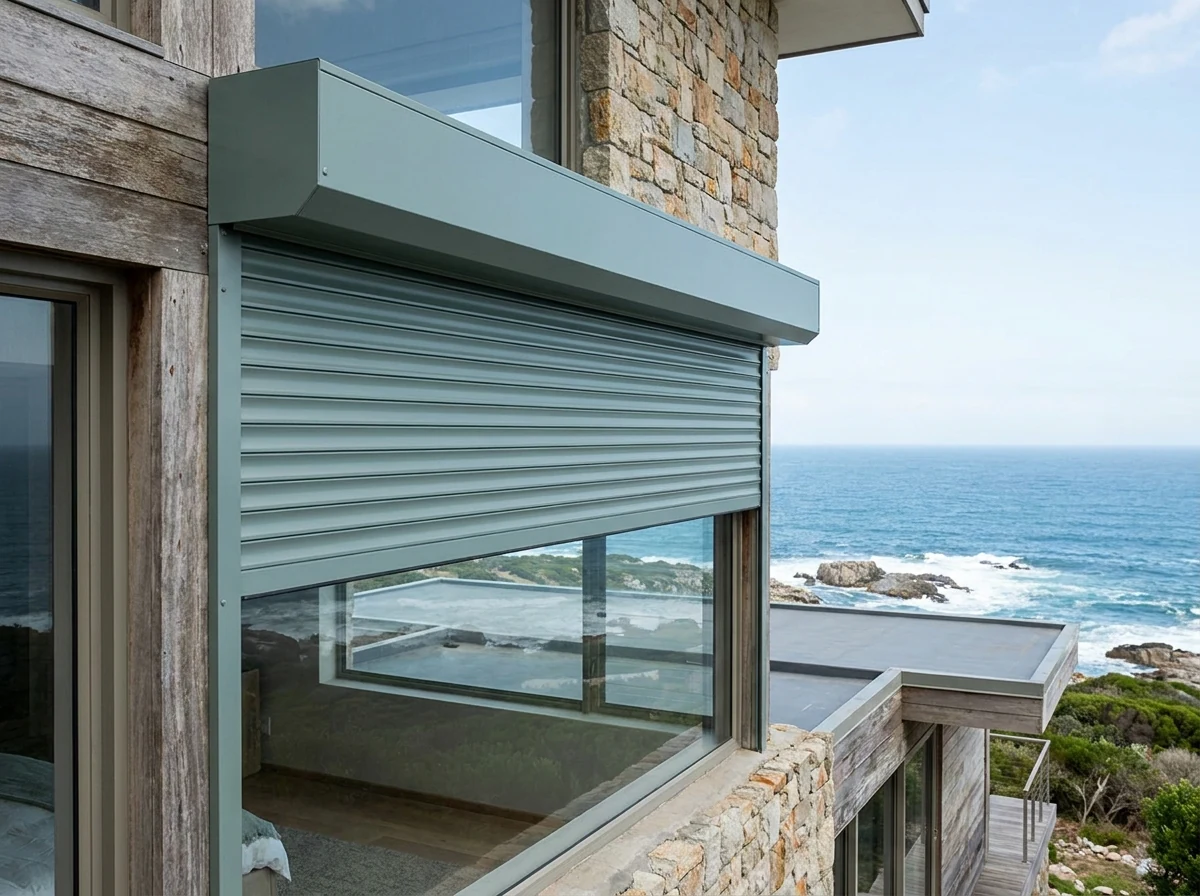 Rigid sea-spray-toned aluminium roller shutter partially lowered outside a window on a Voëlklip, Hermanus cliff-top facade