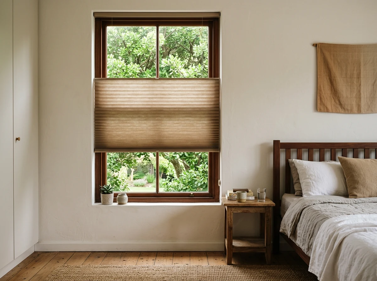 Pleated cellular honeycomb blind lowered over a bedroom window in an Eastcliff, Hermanus home, soft morning tree light