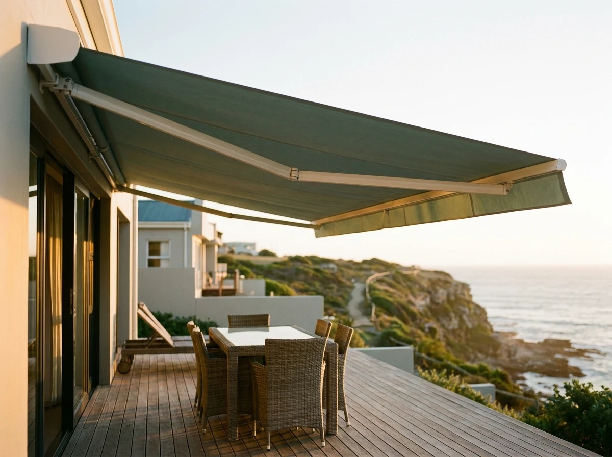 Retractable folding-arm awning extended over an ocean-view deck at a Hermanus home with the cliff path visible below