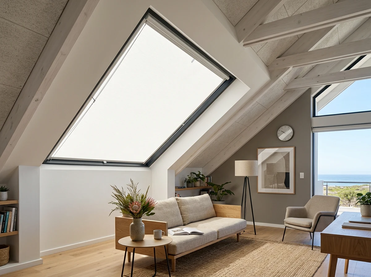 Tensioned shell-white fabric blind held flat against an angled skylight in a raked-roof Sandbaai, Hermanus new-build