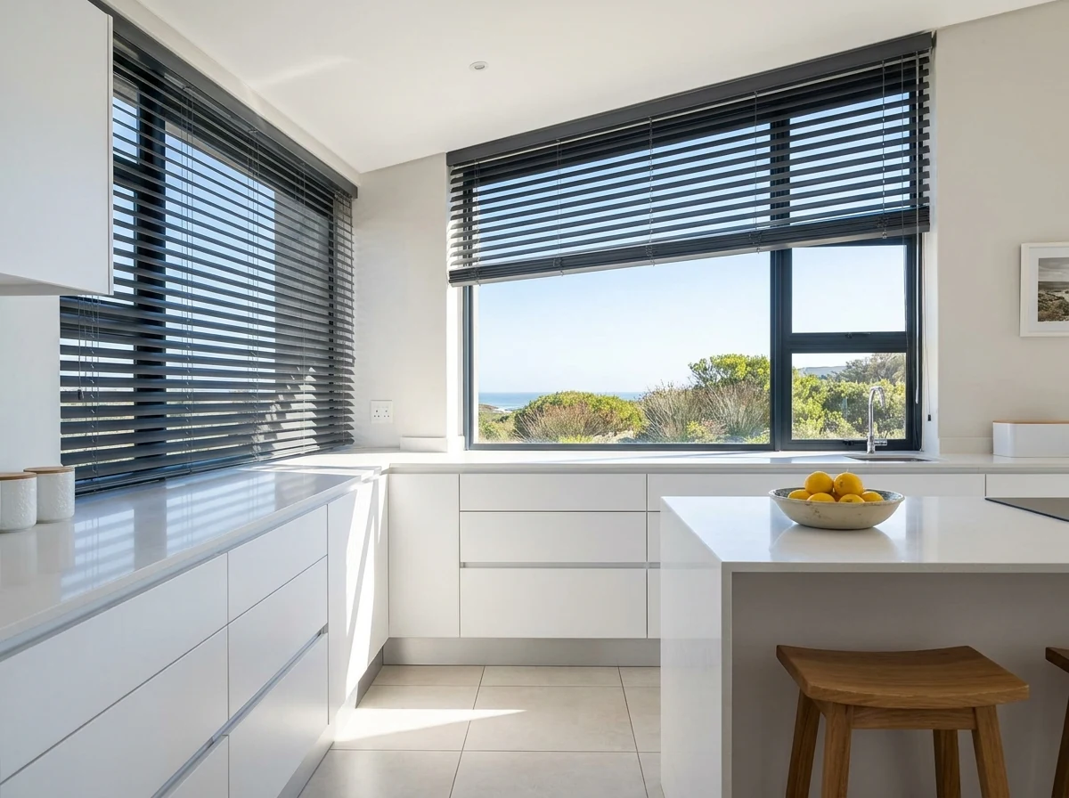 Powder-coated aluminium venetian blind slats tilted half-open above a kitchen window in a Sandbaai, Hermanus new-build