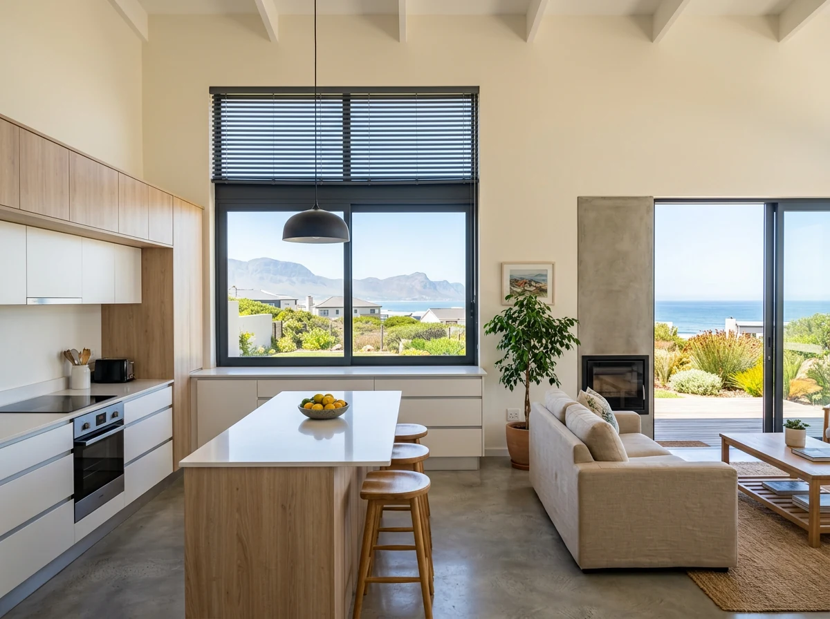 Aluminium venetian blind slats tilted open above a kitchen window in a new-build home in Sandbaai, Hermanus, mountain and sea view beyond