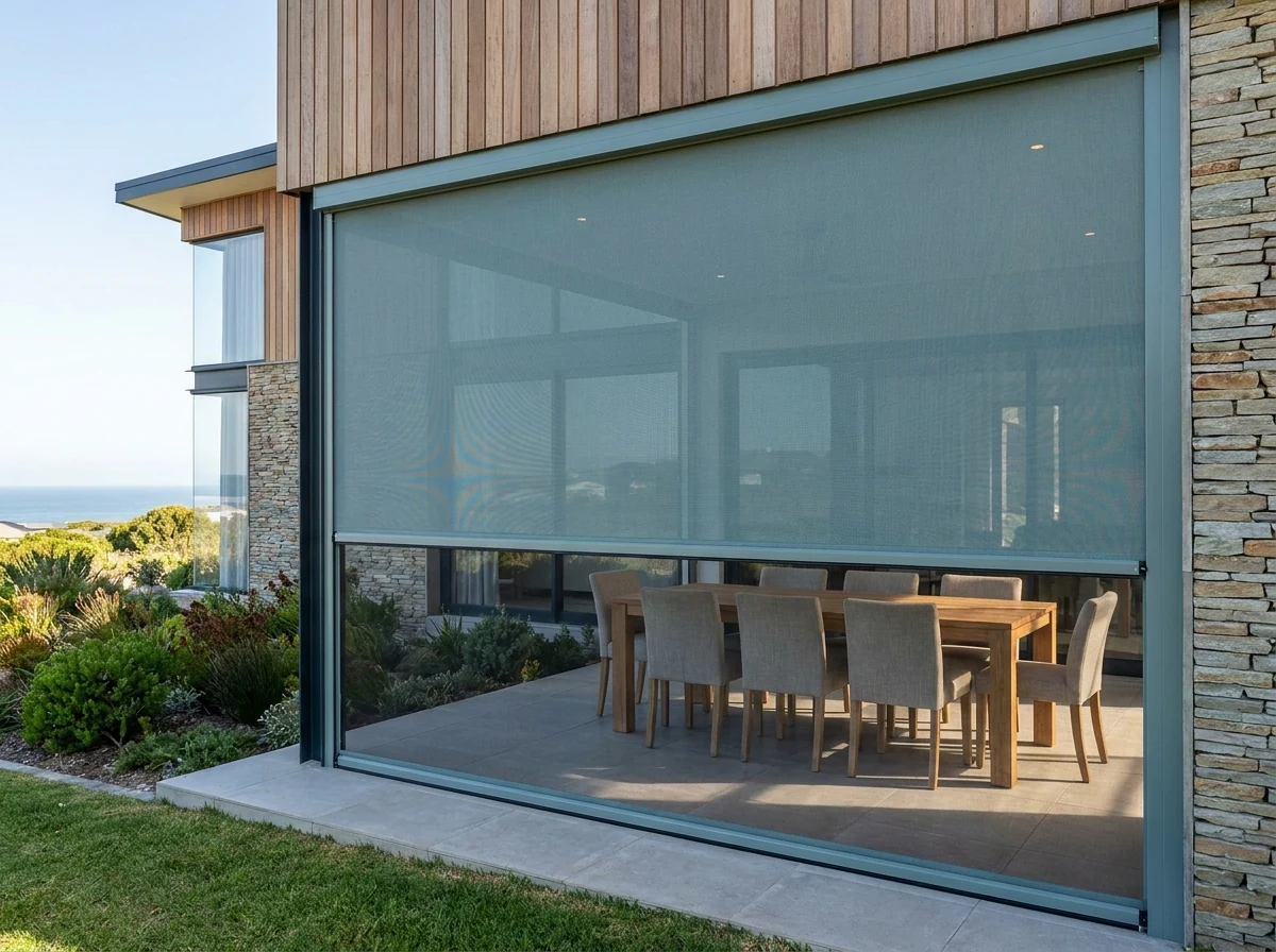 Sea-spray grey-teal zip-track screen lowered in aluminium side channels enclosing a patio at a new-build home in Sandbaai, Hermanus